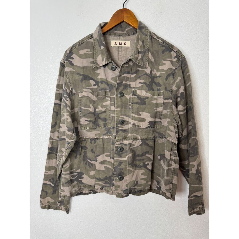 AMO Cropped Rosie Jacket Warm Gray Camo Size Small